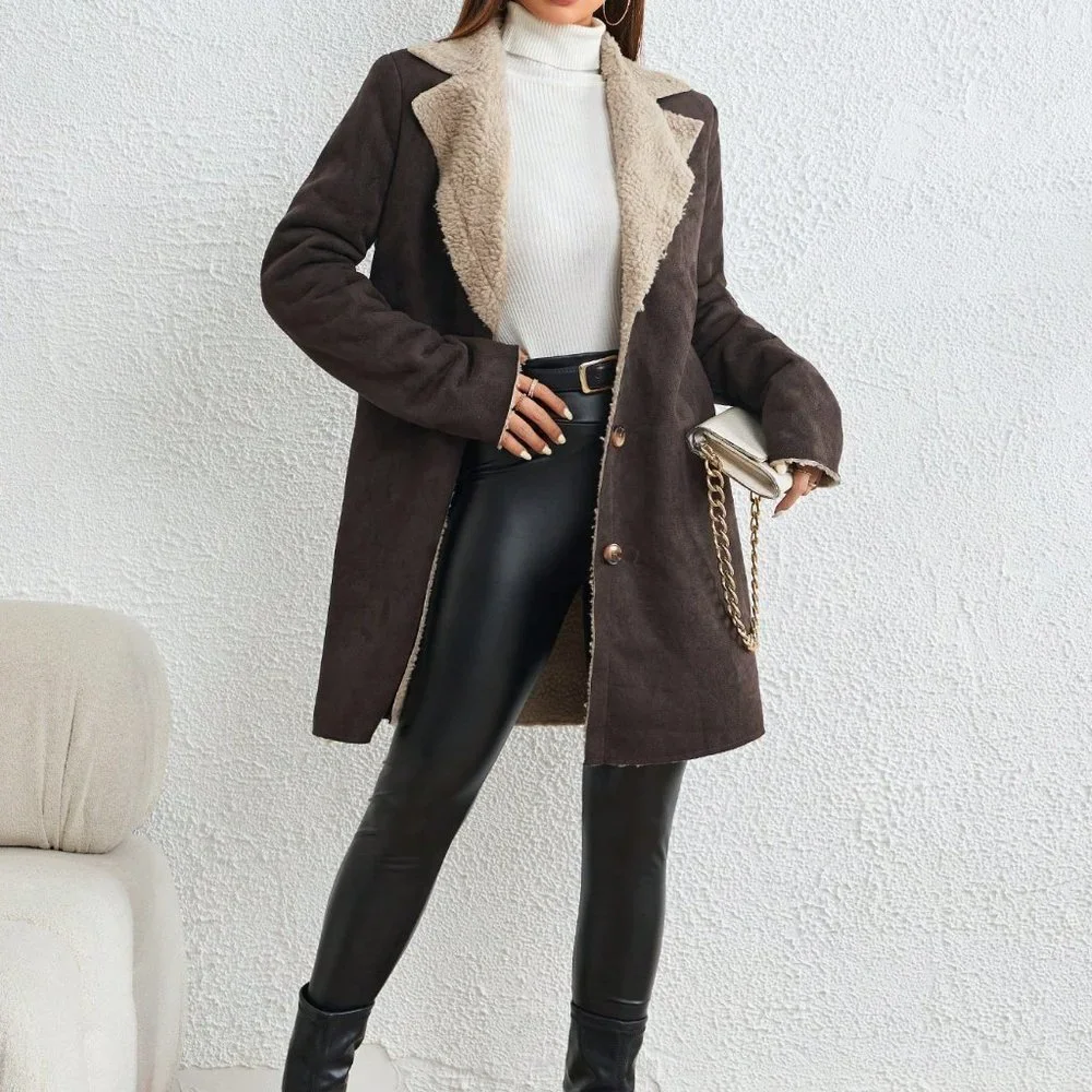 Brown Preppy Womens Lapel Collar Teddy Lined Suedette Coat - Picture 1 of 5